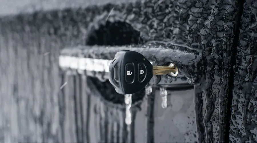 Frozen car key in a lock.