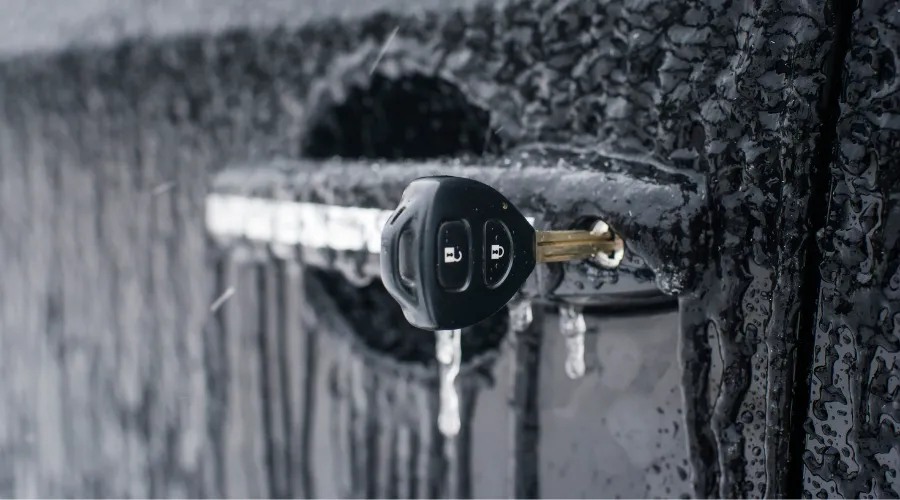 Frozen car key in a lock.