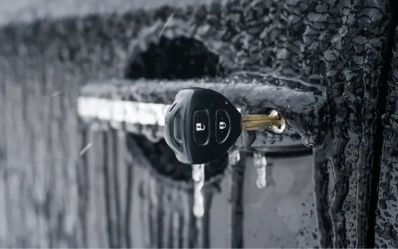 Frozen car key in a lock.